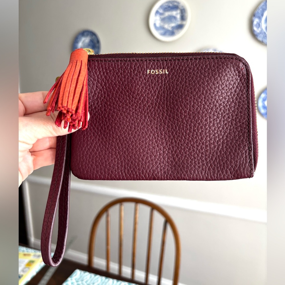 Fossil Burgundy Wine Pebbled Leather Tasseled Wristlet Wallet